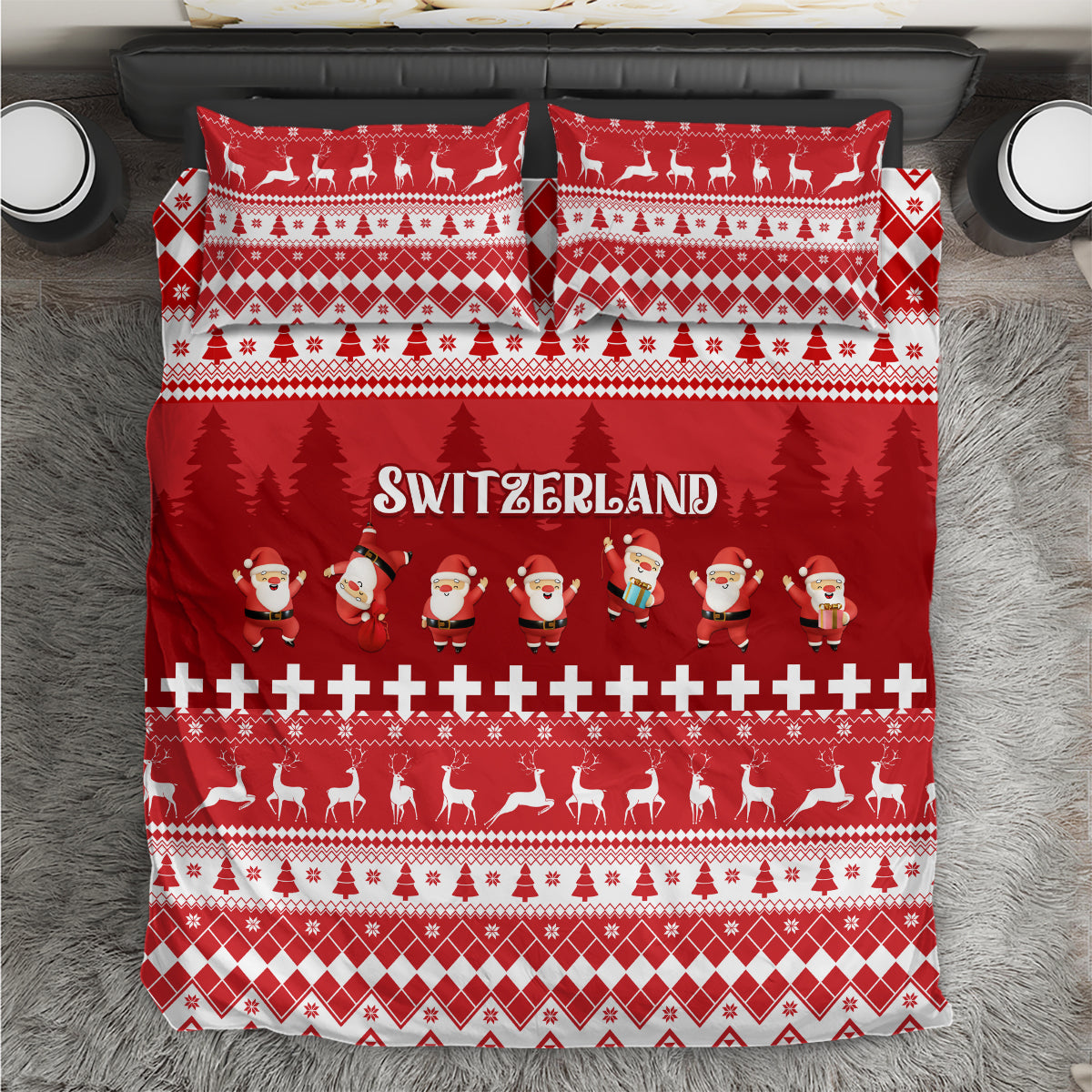 Red Switzerland Christmas bedding set with Santa, reindeer, and holiday pattern