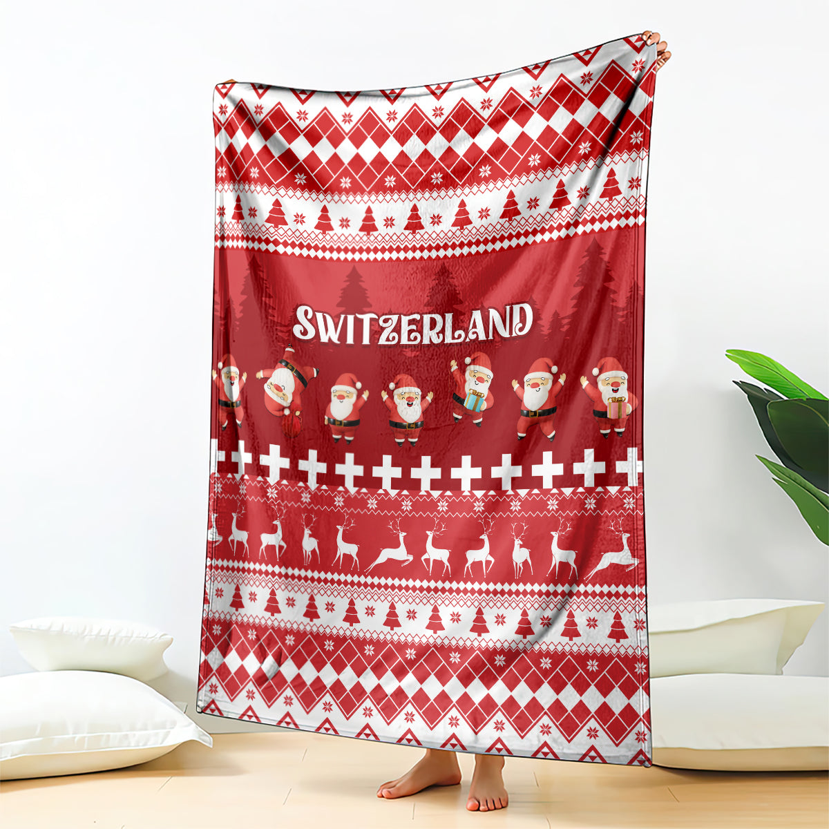 Red Switzerland Christmas blanket with Santa, reindeer, Swiss cross border and plaid