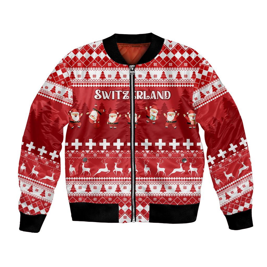 Red Christmas bomber jacket with zipper, Swiss-style fairisle pattern, Santa and reindeer