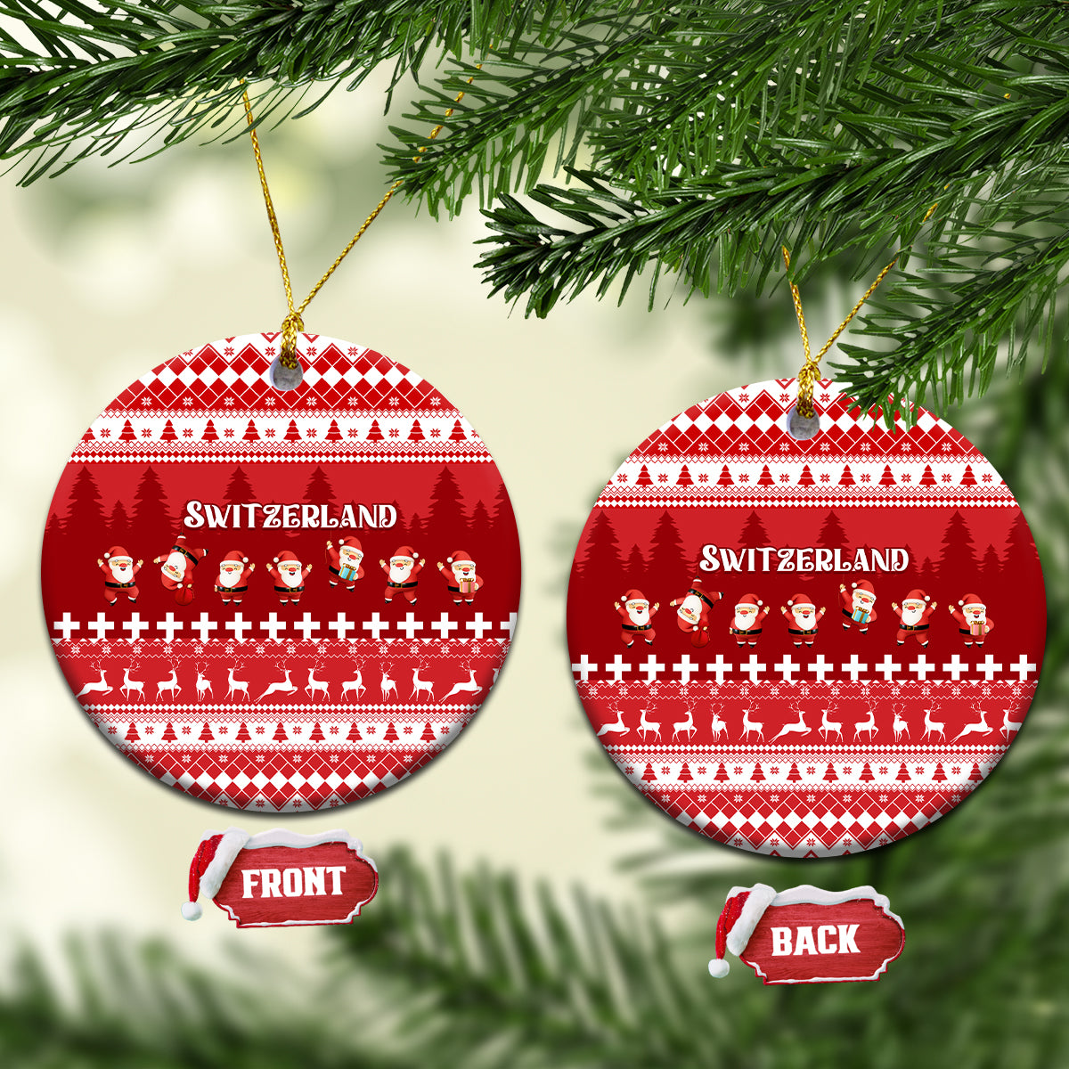 Red Switzerland ceramic Christmas ornament, round design with holiday patterns and hanging loop.