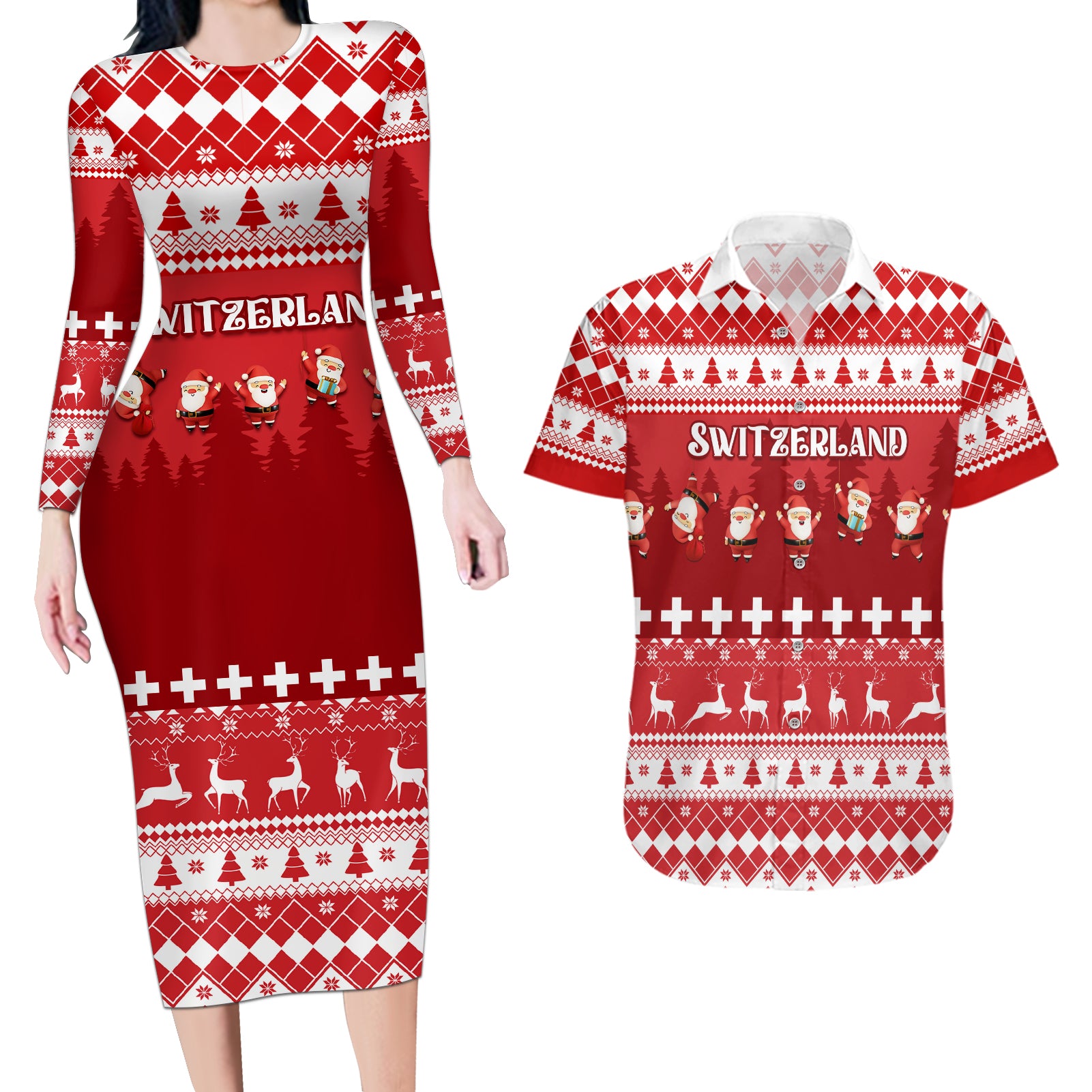 Custom Switzerland Christmas Couples Matching Long Sleeve Bodycon Dress and Hawaiian Shirt Merry Christmas Funny Santa Claus - Wonder Print Shop