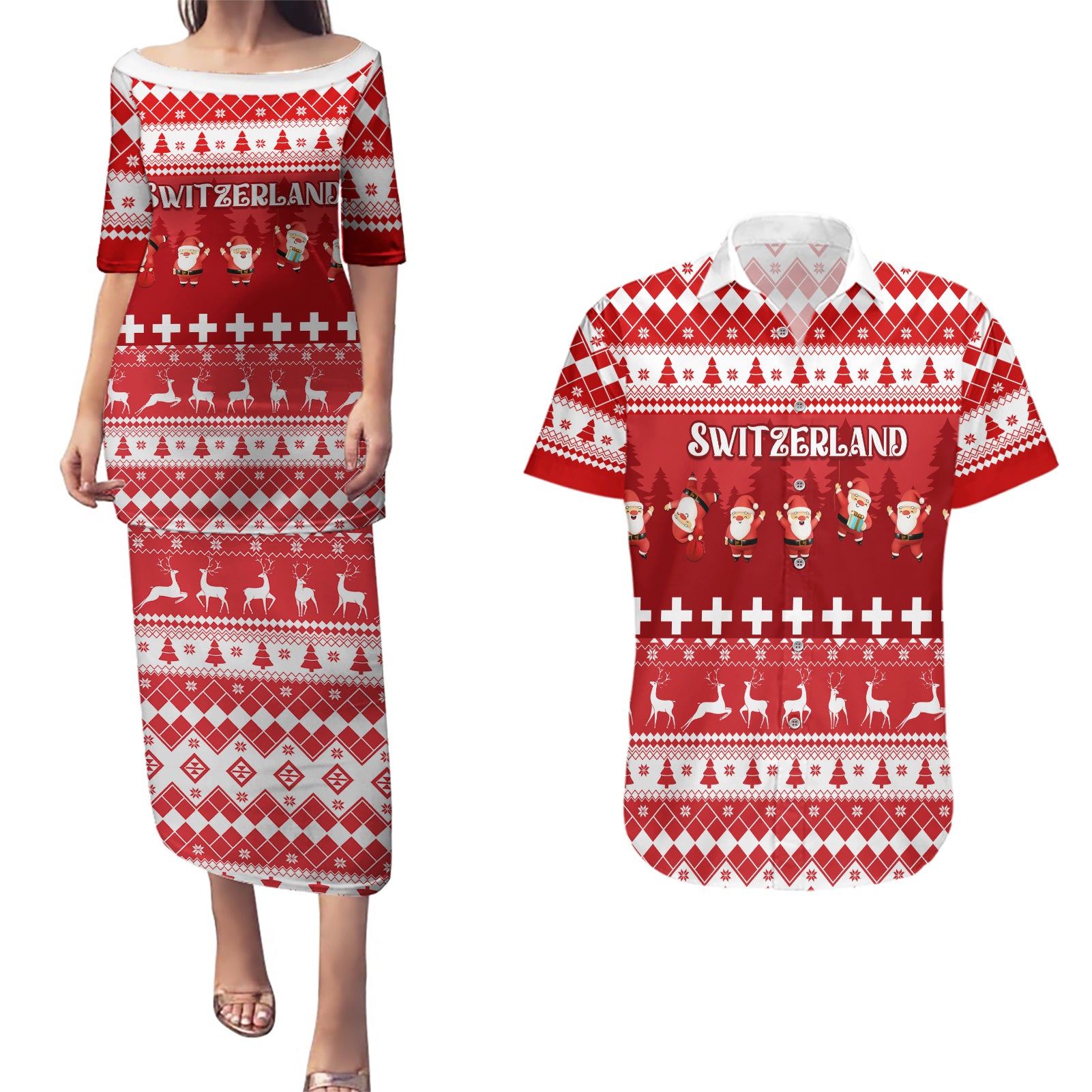 Custom Switzerland Christmas Couples Matching Puletasi Dress and Hawaiian Shirt Merry Christmas Funny Santa Claus - Wonder Print Shop