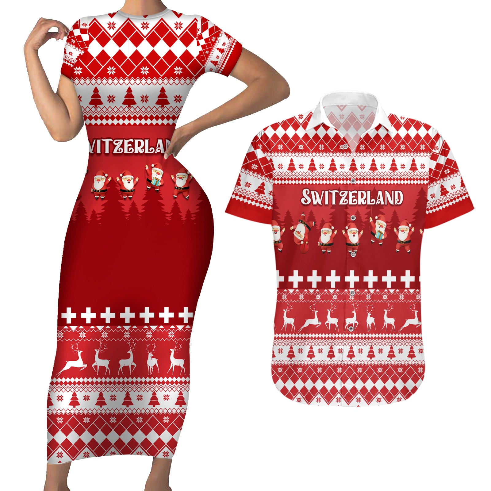 Custom Switzerland Christmas Couples Matching Short Sleeve Bodycon Dress and Hawaiian Shirt Merry Christmas Funny Santa Claus - Wonder Print Shop