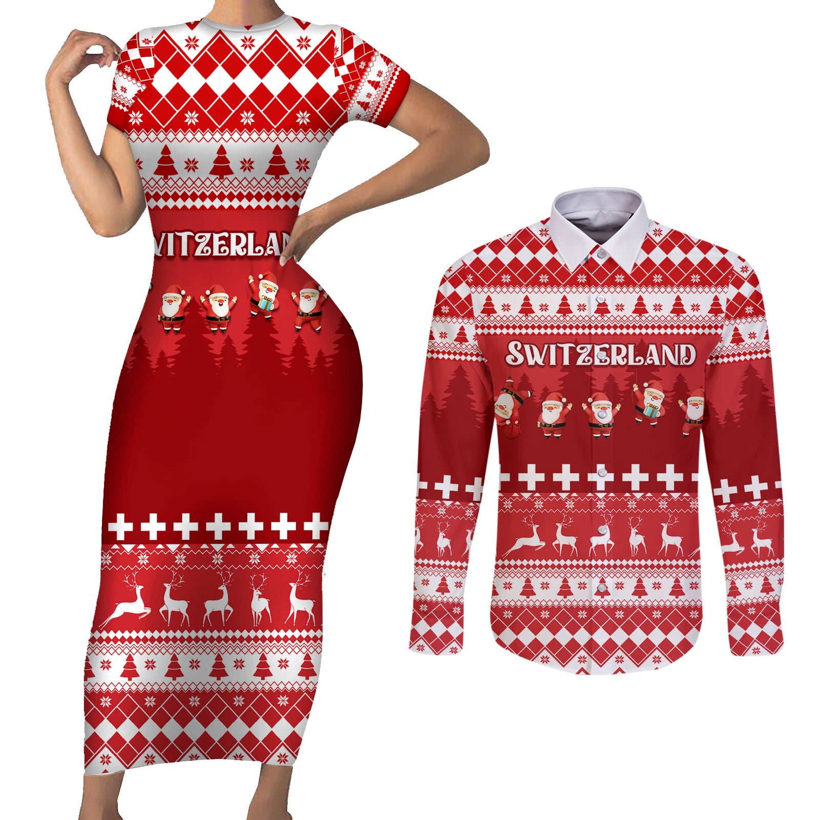 Custom Switzerland Christmas Couples Matching Short Sleeve Bodycon Dress and Long Sleeve Button Shirt Merry Christmas Funny Santa Claus - Wonder Print Shop