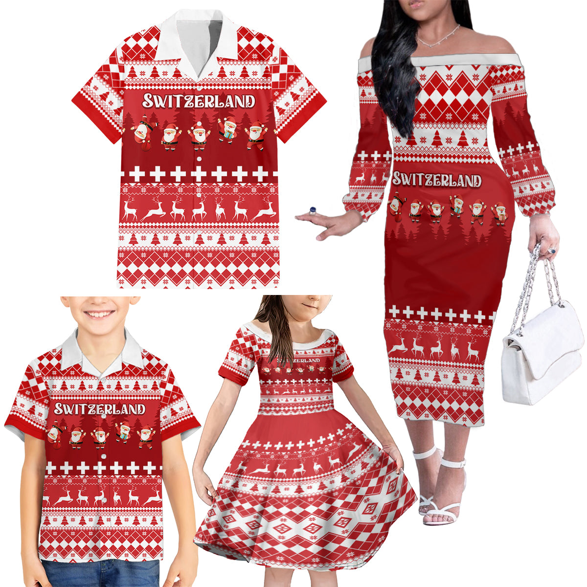 Custom Switzerland Christmas Family Matching Off Shoulder Long Sleeve Dress and Hawaiian Shirt Merry Christmas Funny Santa Claus - Wonder Print Shop