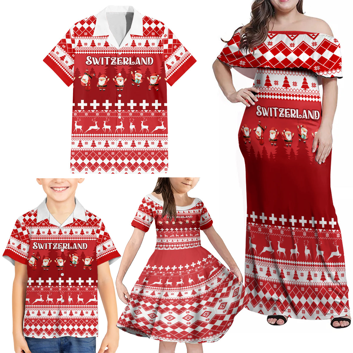 Custom Switzerland Christmas Family Matching Off Shoulder Maxi Dress and Hawaiian Shirt Merry Christmas Funny Santa Claus - Wonder Print Shop