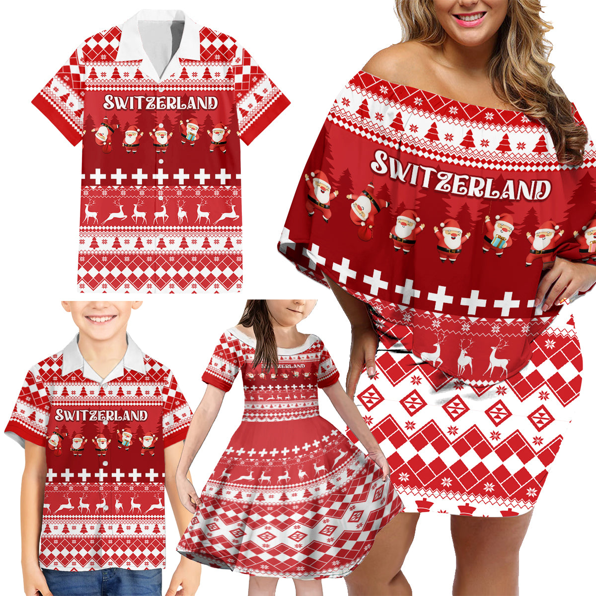 Custom Switzerland Christmas Family Matching Off Shoulder Short Dress and Hawaiian Shirt Merry Christmas Funny Santa Claus - Wonder Print Shop