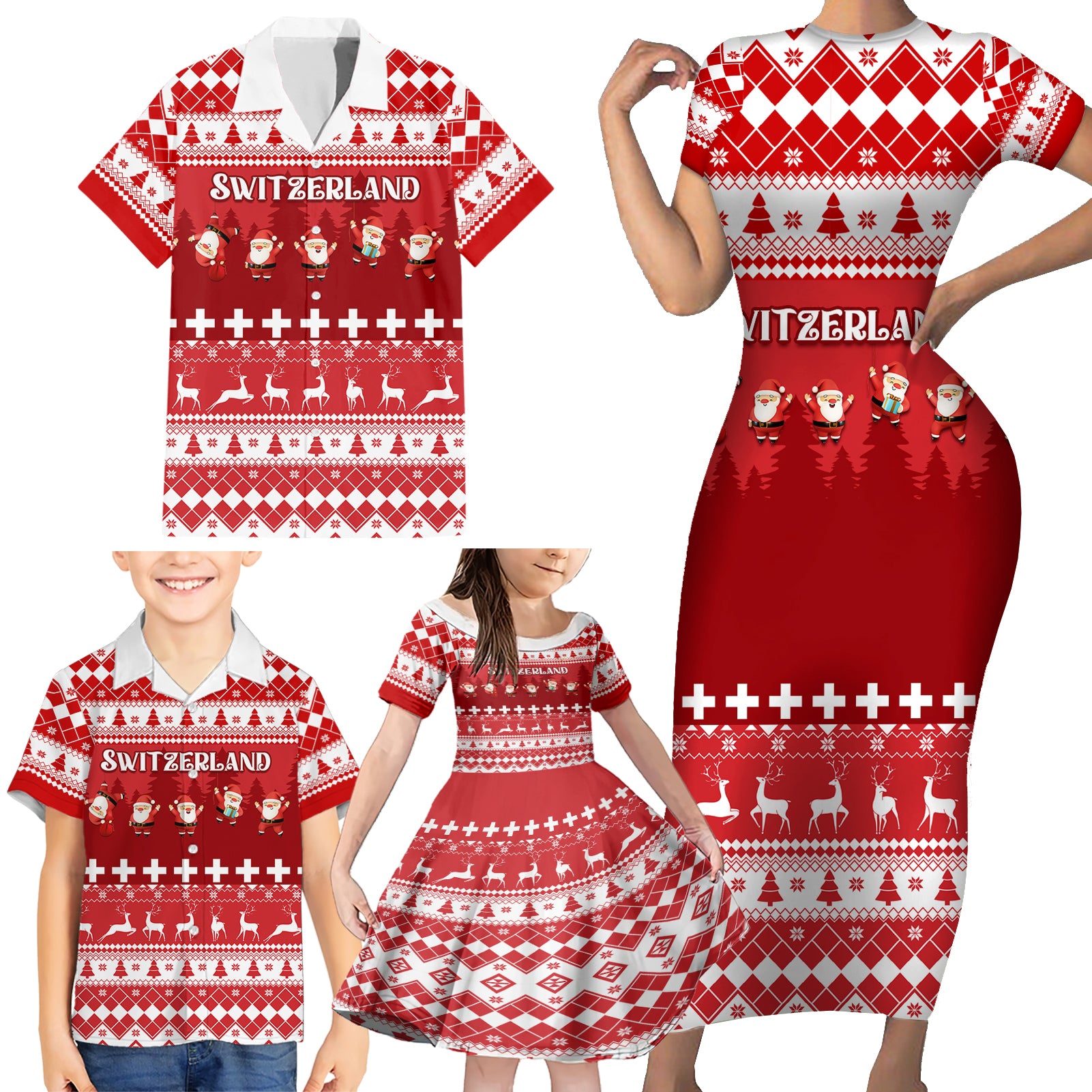 Custom Switzerland Christmas Family Matching Short Sleeve Bodycon Dress and Hawaiian Shirt Merry Christmas Funny Santa Claus - Wonder Print Shop