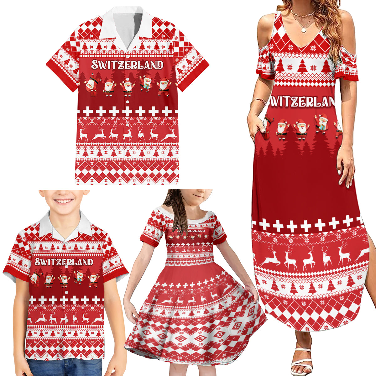 Custom Switzerland Christmas Family Matching Summer Maxi Dress and Hawaiian Shirt Merry Christmas Funny Santa Claus - Wonder Print Shop