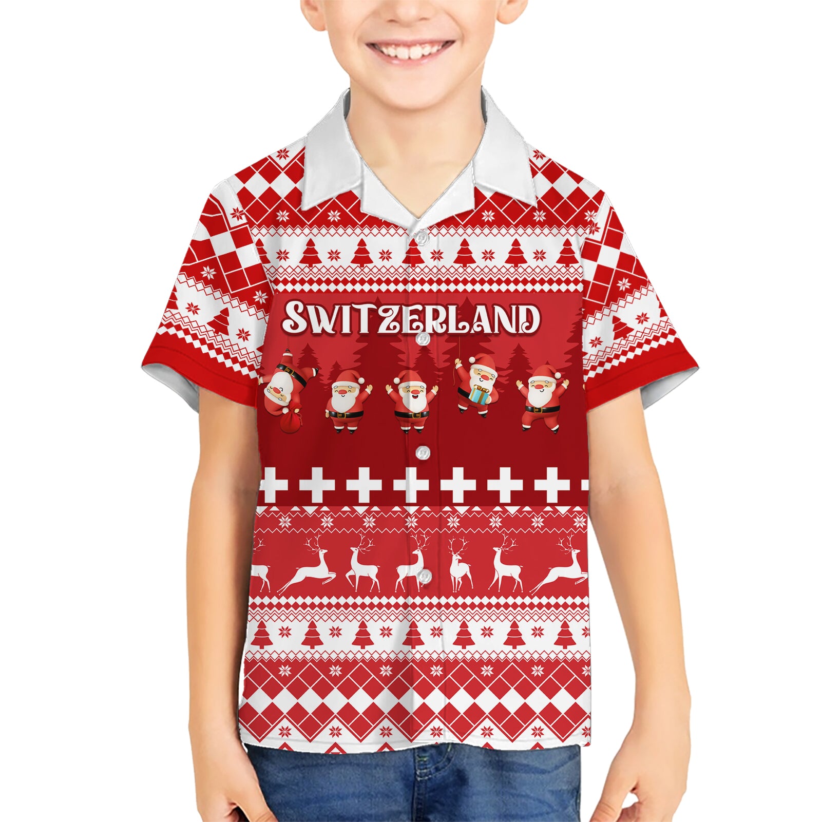 Custom Switzerland Christmas Kid Hawaiian Shirt Merry Christmas Funny Santa Claus - Wonder Print Shop