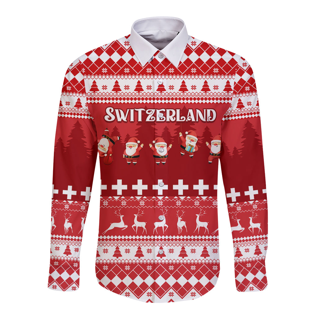 Red long sleeve button shirt with festive Swiss pattern and “SWITZERLAND” graphic