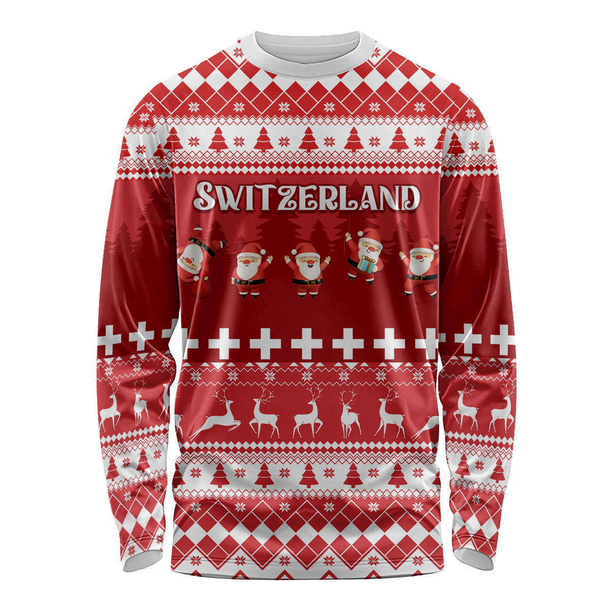 Red long sleeve Christmas shirt with Swiss design and Santa characters, white knit pattern