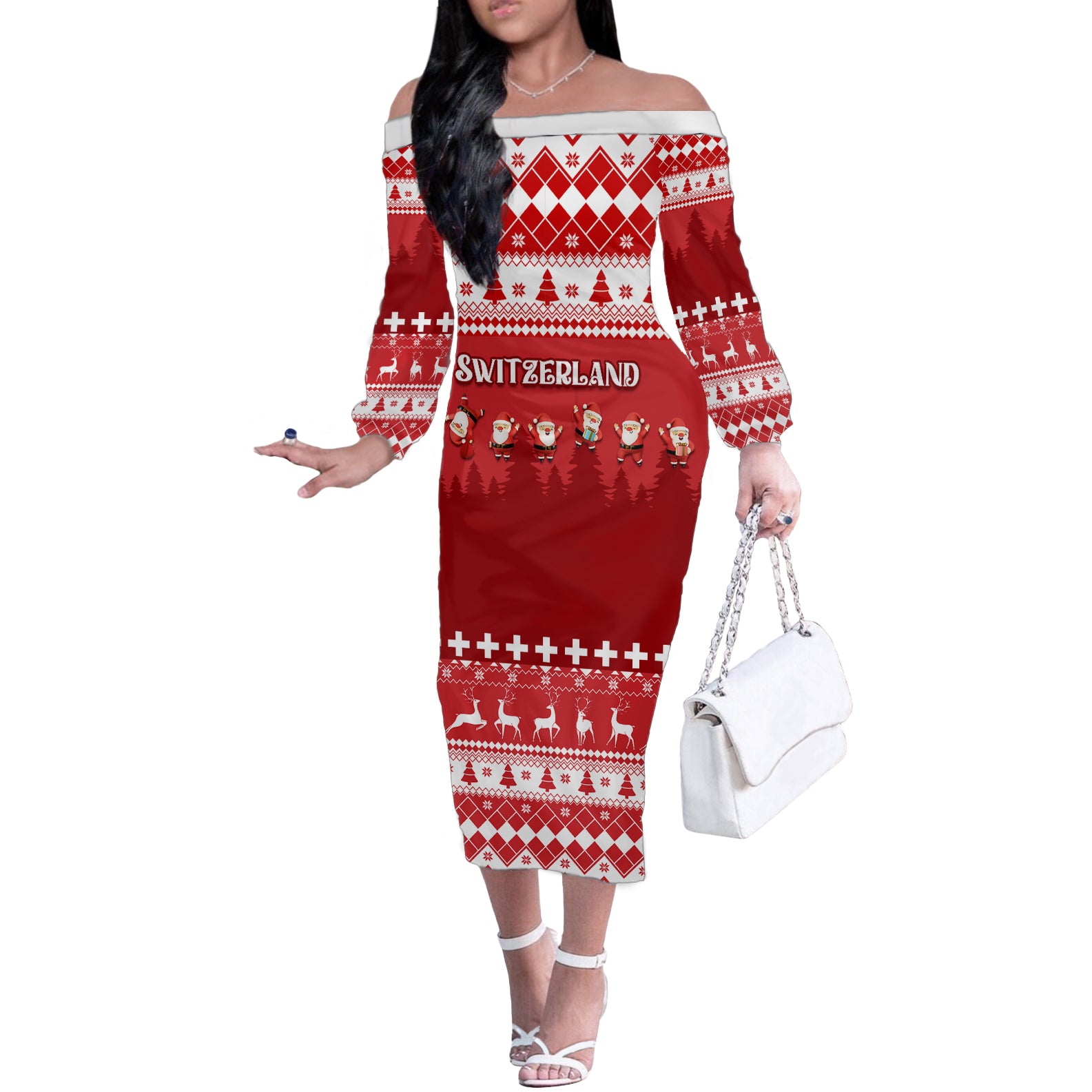 Custom Switzerland Christmas Off The Shoulder Long Sleeve Dress Merry Christmas Funny Santa Claus - Wonder Print Shop