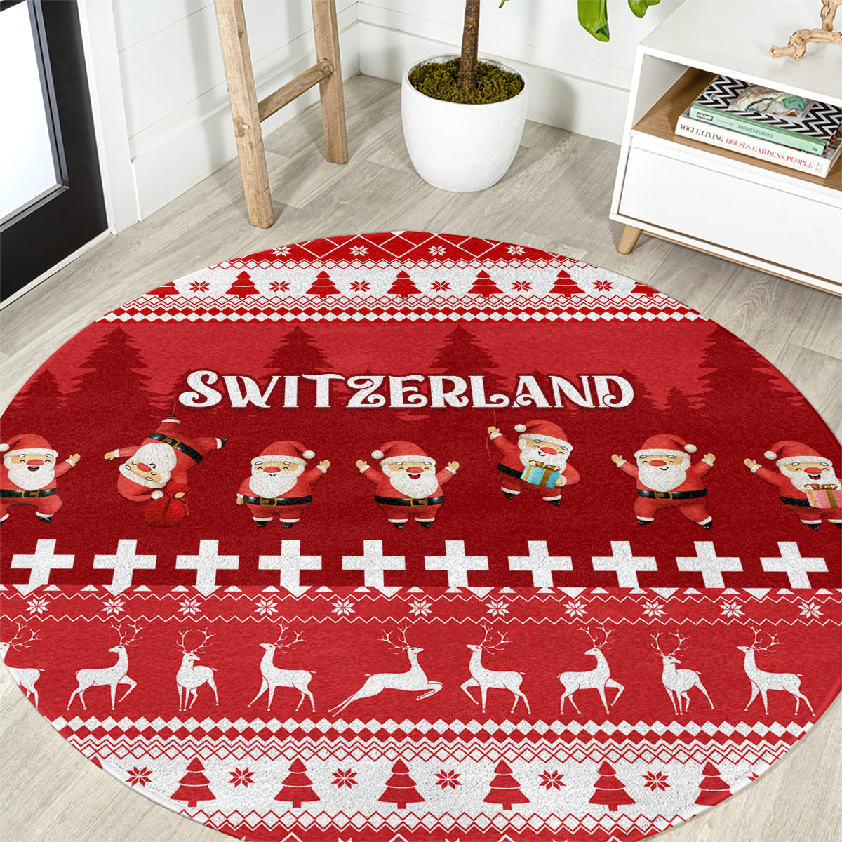 Red round Christmas rug with Switzerland text, Santa and reindeer pattern