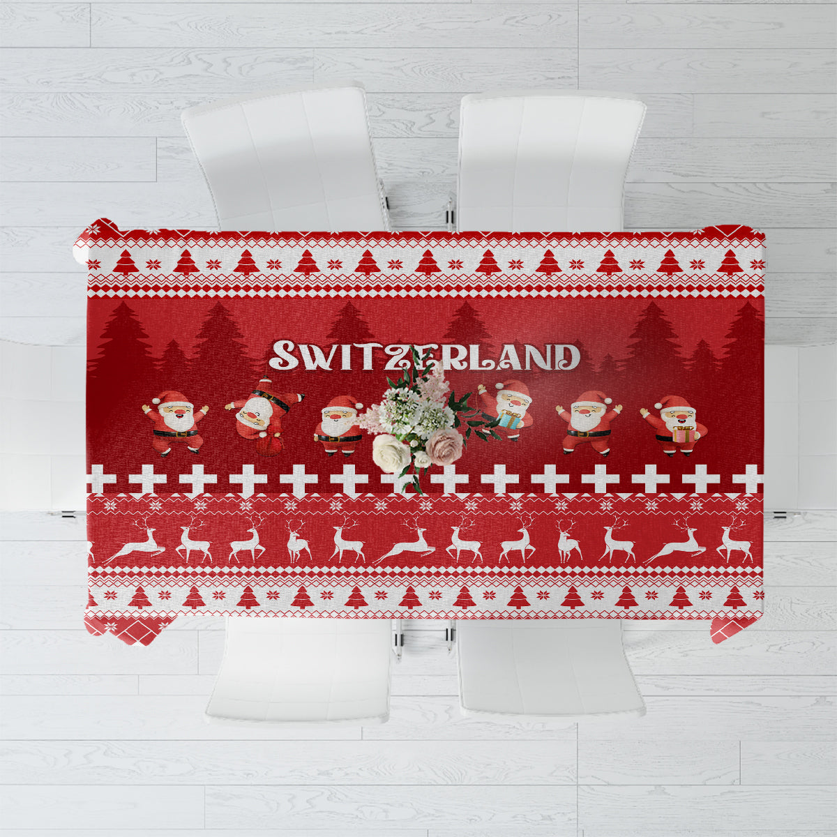 Red Christmas tablecloth with Switzerland-style motif and Santa faces, straight border