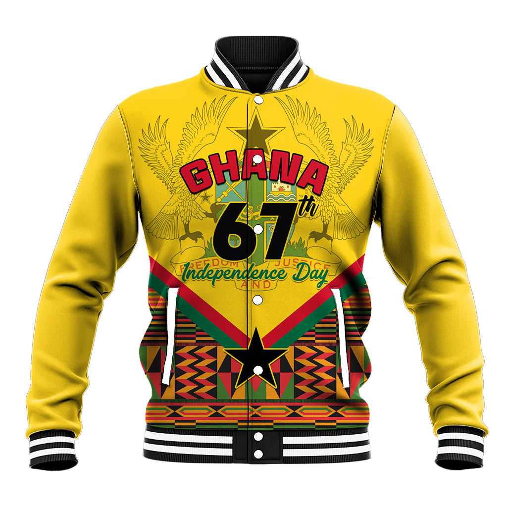 Yellow unisex varsity jacket, front Ghana 67 Freedom and Justice graphic