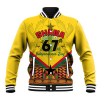 Yellow unisex varsity jacket, front Ghana 67 Freedom and Justice graphic