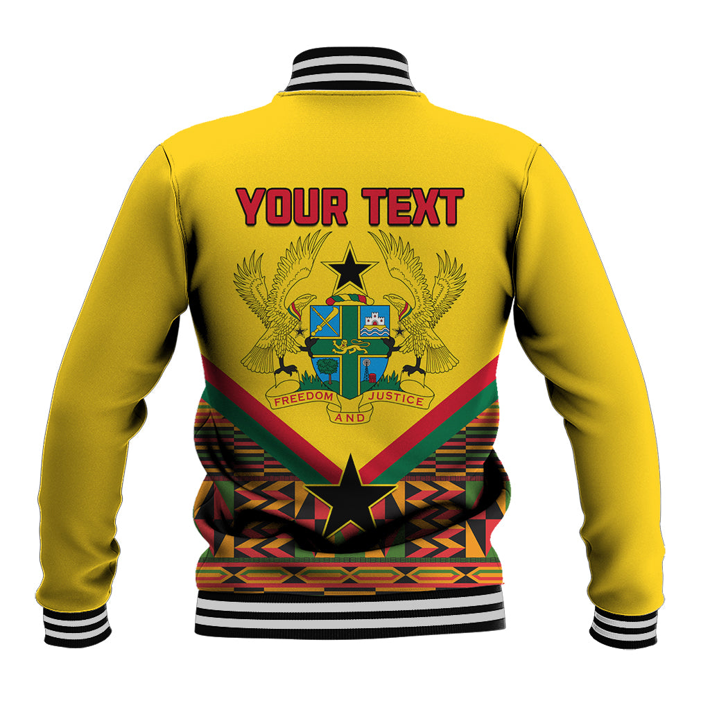 Yellow unisex varsity jacket, back YOUR TEXT Ghana crest Freedom and Justice