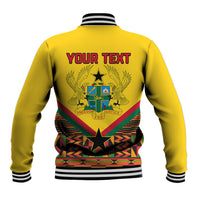 Yellow unisex varsity jacket, back YOUR TEXT Ghana crest Freedom and Justice