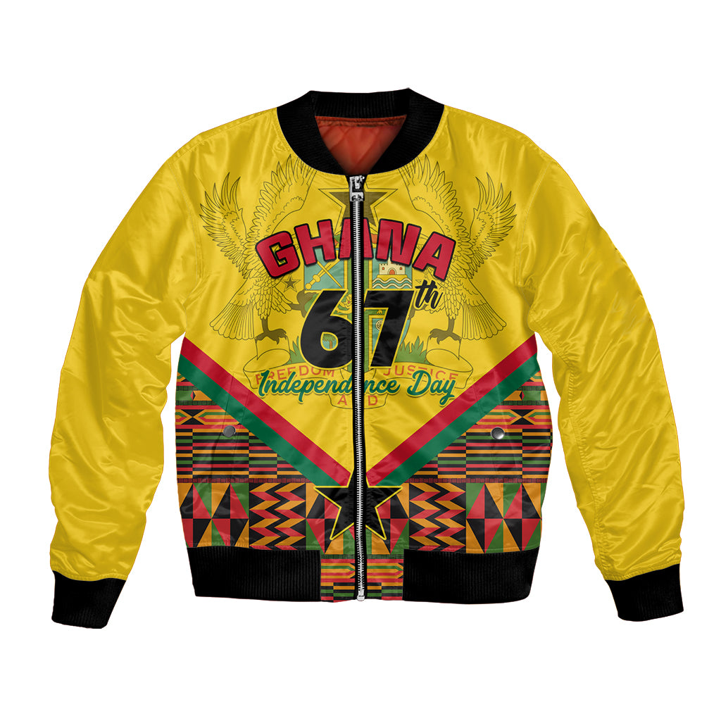 Ghana-themed yellow bomber jacket with front zip and bold African pattern graphic