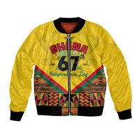 Ghana-themed yellow bomber jacket with front zip and bold African pattern graphic