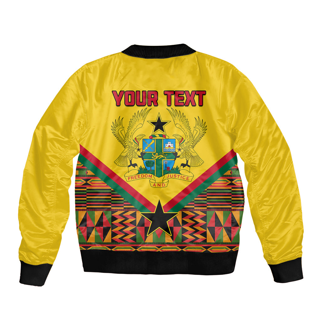 Ghana-themed yellow bomber jacket back graphic with crest and colorful geometric pattern