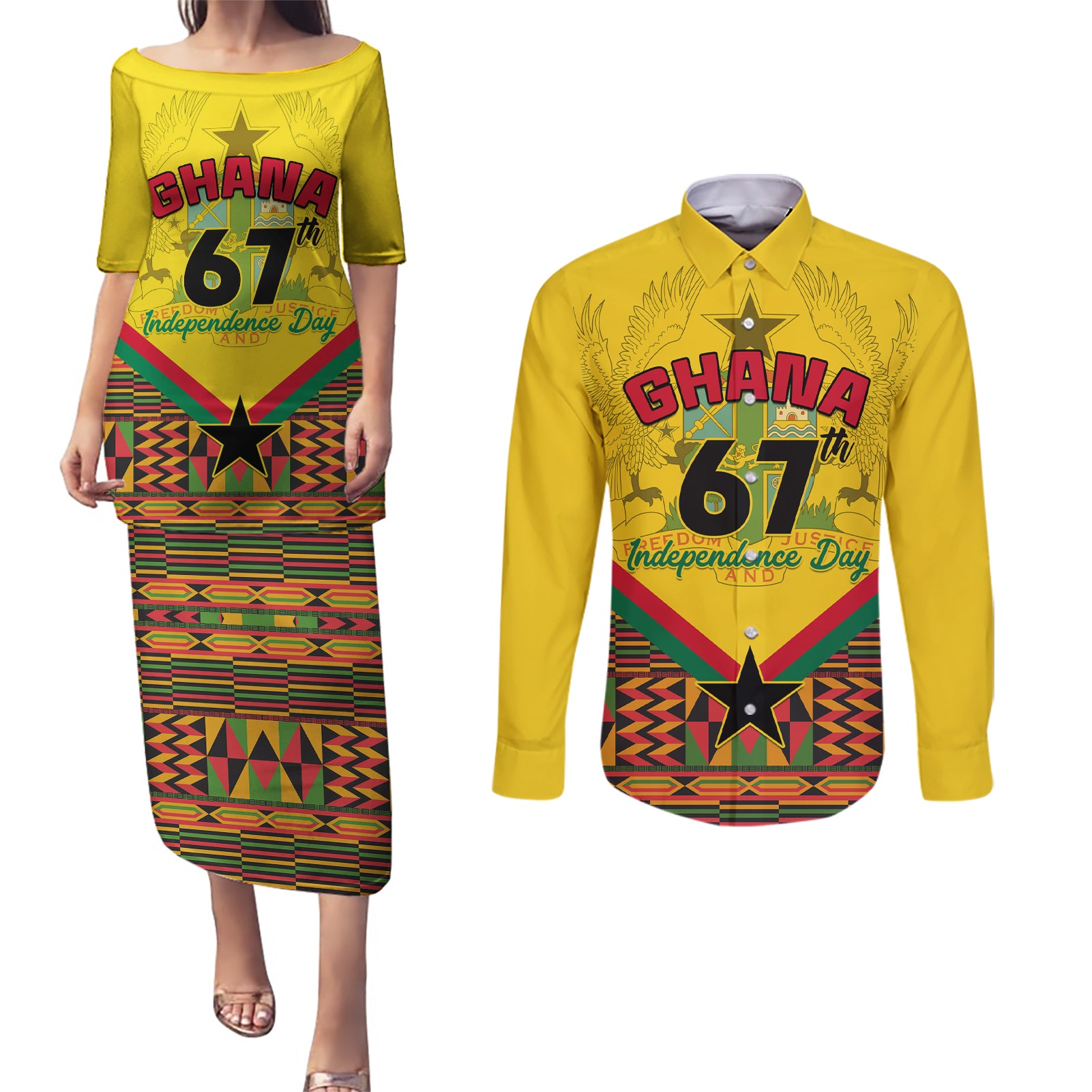 Ghana Independence Day Couples Matching Puletasi and Long Sleeve Button Shirt Freedom and Justice African Pattern