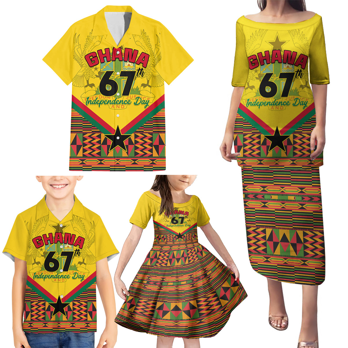 Ghana Independence Day Family Matching Puletasi and Hawaiian Shirt Freedom and Justice African Pattern