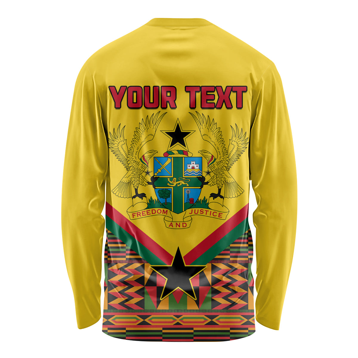 Yellow long sleeve shirt back with crest, wings, star, and 'YOUR TEXT' banner