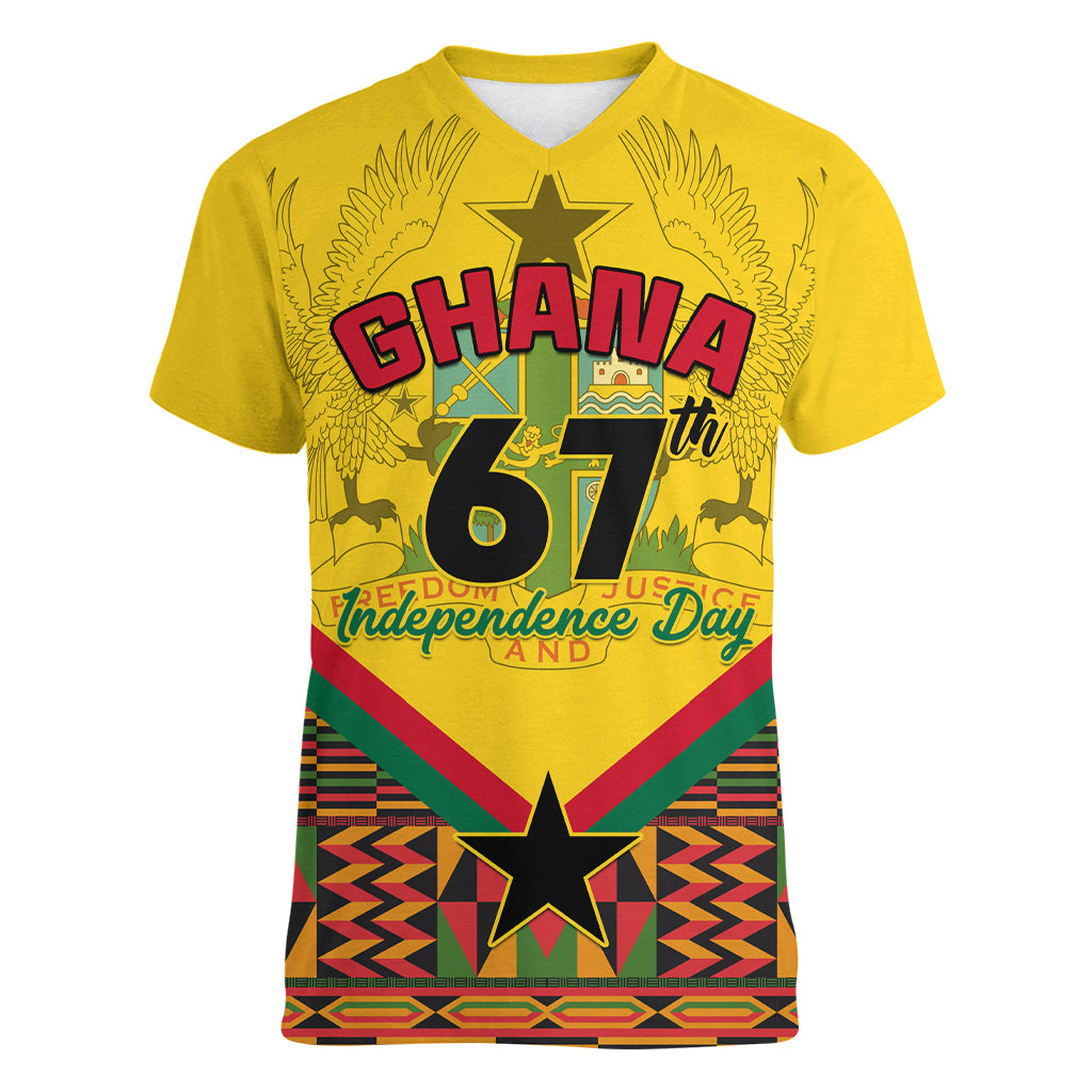 Ghana Independence Day Women V Neck T Shirt Freedom and Justice African Pattern