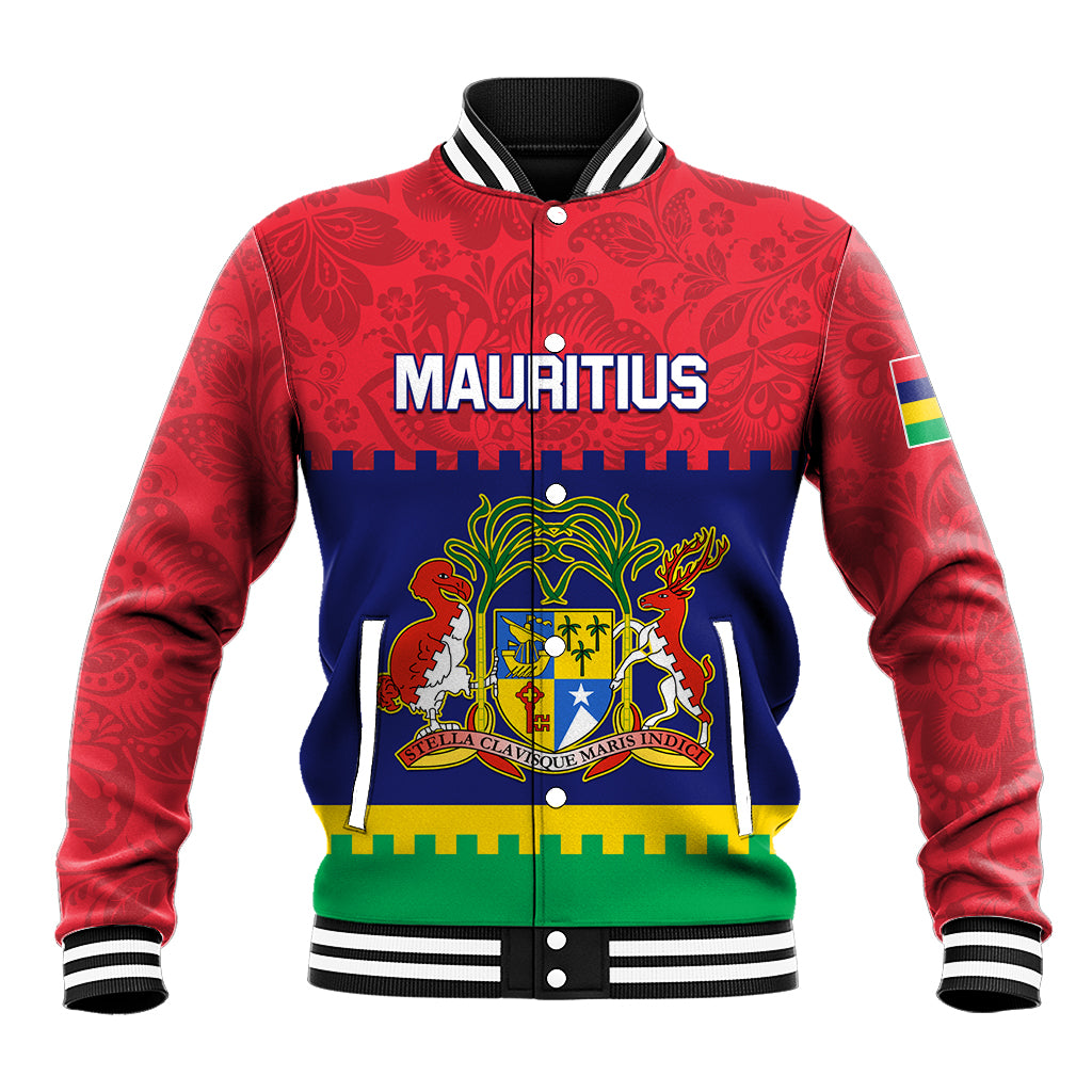 Baseball jacket with red floral sleeves, blue front panel, Mauritius crest, striped trim