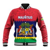 Baseball jacket with red floral sleeves, blue front panel, Mauritius crest, striped trim