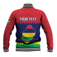 Baseball jacket with red floral back, 'YOUR TEXT' print and Mauritius map, ribbed collar