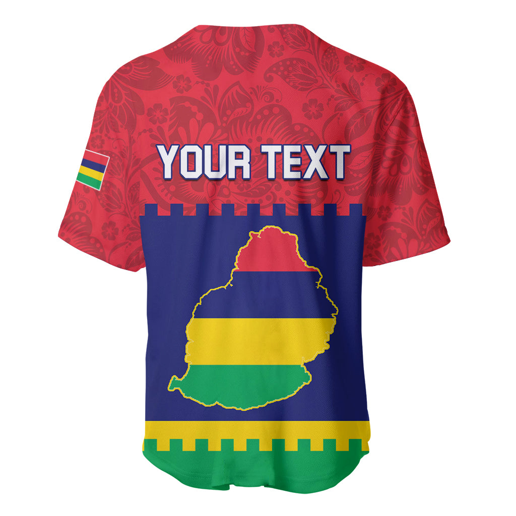 Red baseball jersey with 'YOUR TEXT', country map graphic, green hem and buttons