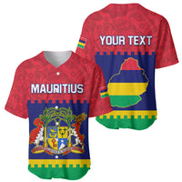 Red baseball jersey pair showing front Mauritius logo and back 'YOUR TEXT' map