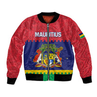 Unisex bomber jacket with red patterned sleeves, navy front, zip front, crest graphic