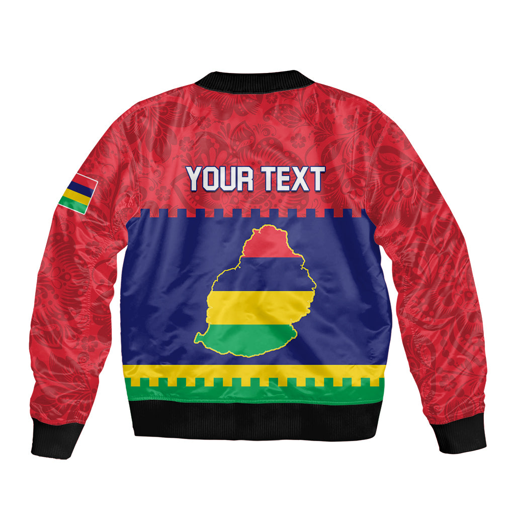 Unisex bomber jacket with red patterned sleeves, navy back, zipper, island map graphic