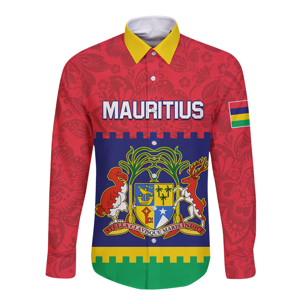 Red long-sleeve button shirt with yellow collar, crest graphic panel and patterned fabric