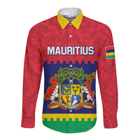 Red long-sleeve button shirt with yellow collar, crest graphic panel and patterned fabric