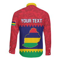 Red long-sleeve button shirt back with yellow-green map graphic, blue field, patterned fabric
