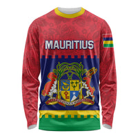 Long-sleeve crewneck shirt with red patterned sleeves and Mauritius crest graphic