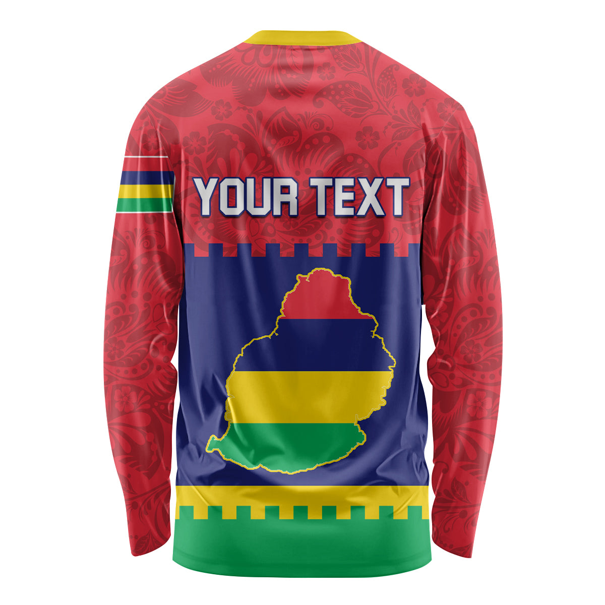 Long-sleeve crewneck shirt with red patterned sleeves and Mauritius map back print