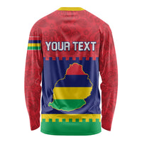 Long-sleeve crewneck shirt with red patterned sleeves and Mauritius map back print