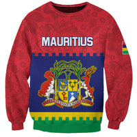 Red unisex sweatshirt with MAURITIUS text and coat-of-arms crest