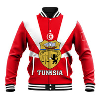Red varsity baseball jacket with Tunisian flag stripe, crest and TUNISIA text
