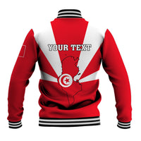 Red varsity baseball jacket with back Tunisia map, flag stripes, and YOUR TEXT