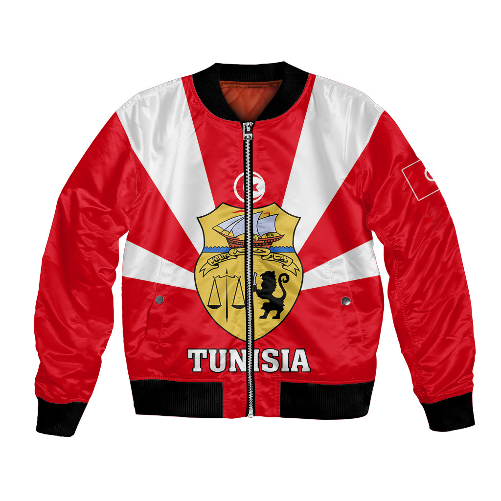 Red and white bomber jacket with front zipper, Tunisia crest and bold TUNISIA text