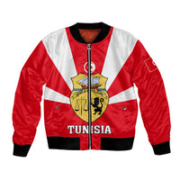 Red and white bomber jacket with front zipper, Tunisia crest and bold TUNISIA text