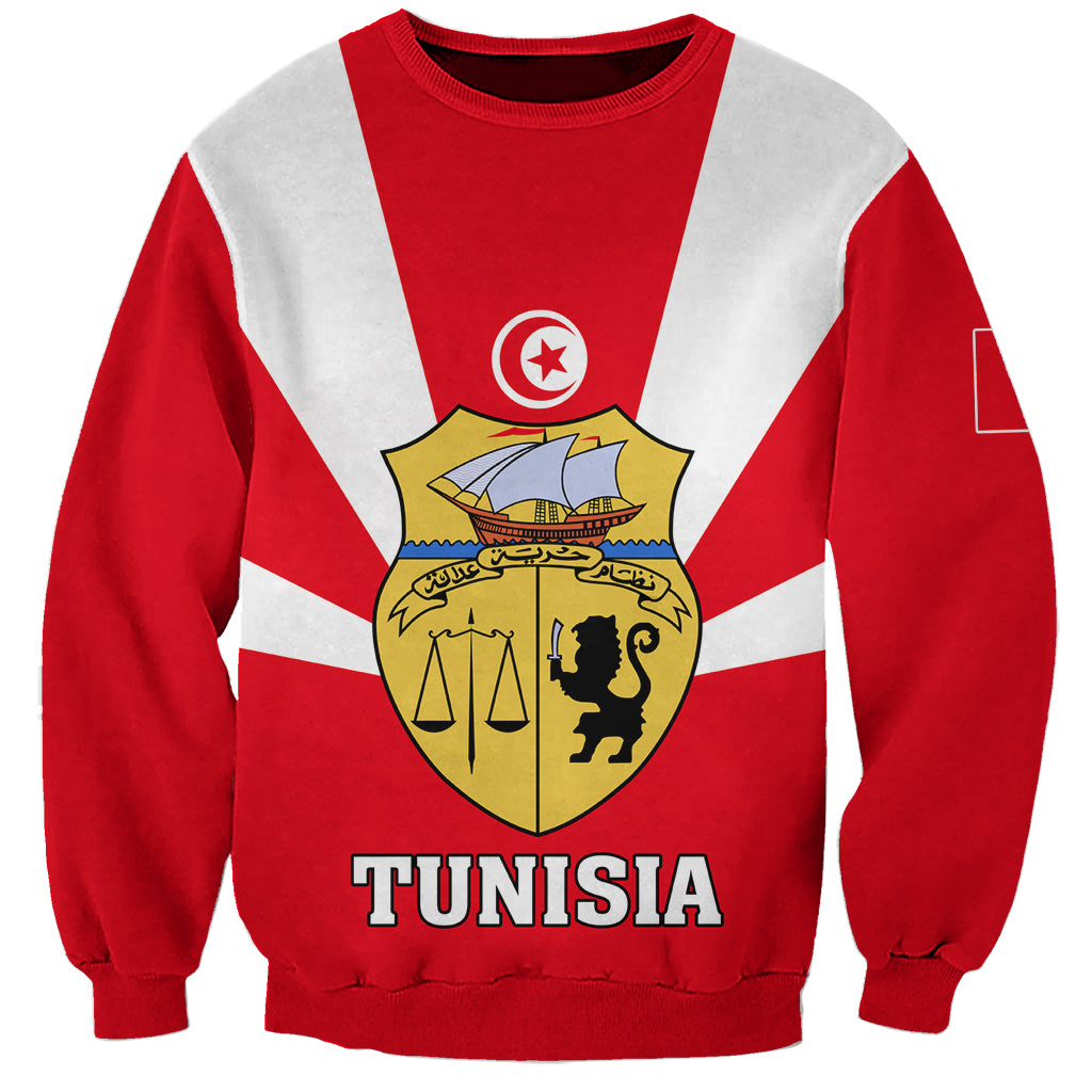 Red and white striped sweatshirt with Tunisia emblem, coat-of-arms graphic, and bold TUNISIA text