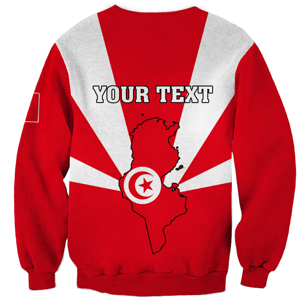 Red sweatshirt with Tunisia map graphic and YOUR TEXT lettering, striped back design